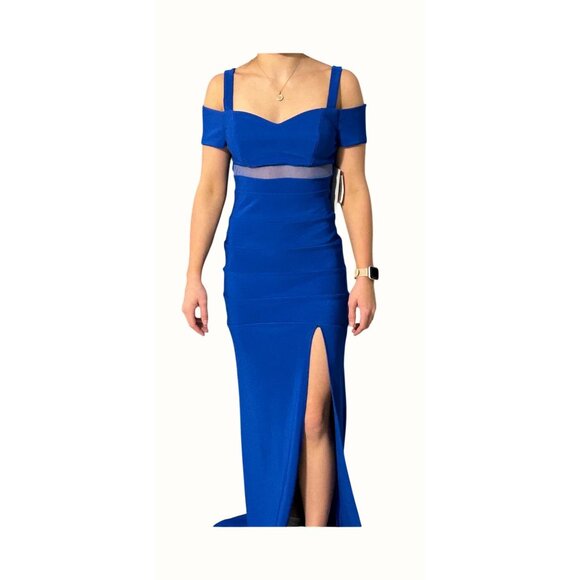 Honey And Rosie Royal Blue Off-Shoulder Gown Sweetheart Neckline & Slit NWT - Picture 1 of 13